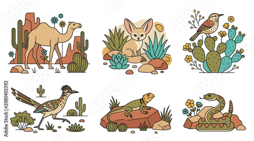 Cuadro en lienzo Desert wildlife set with camel and fennec fox.