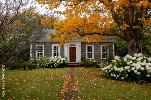Colorful autumn trees envelop a charming house adorned with vibrant flowers, while a winding path beautifully guides visitors to the inviting front door.