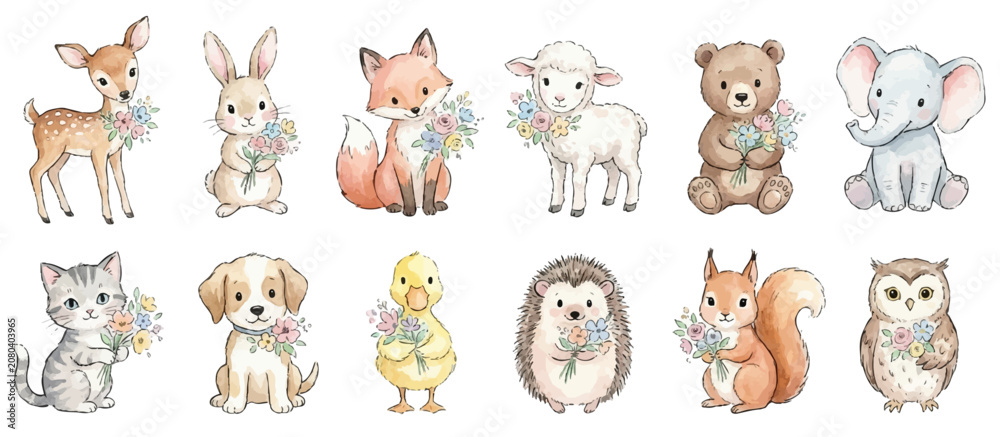Obraz premium Cute woodland animal friends with flower bouquets. Collection of Vector illustrations for invitation, card, poster, banner, decoration.