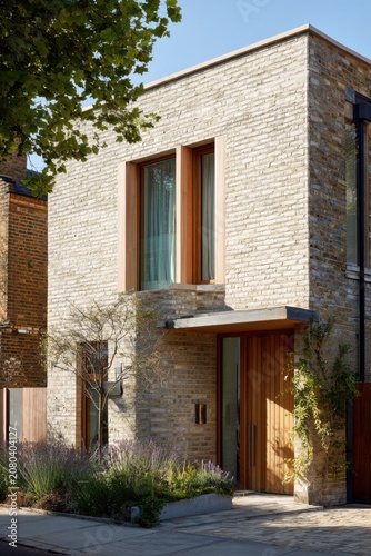 This charming home, featuring a beautiful stone facade and a classic wooden door, is tucked away on a peaceful street in an urban neighborhood, basking in the warmth of daylight