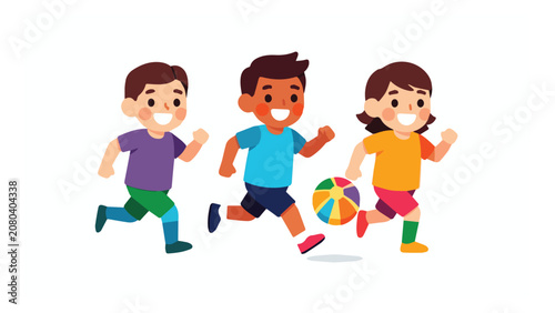Three happy children playing with colorful ball outdoors in sunny park in casual clothing charming playful scene