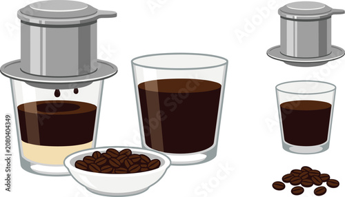 Tableau sur toile Traditional Vietnamese drip coffee vector set featuring metal phin filter brewin