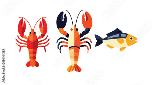 Colorful lobster and fish illustration with marine animals in vibrant shades for aquatic themed design