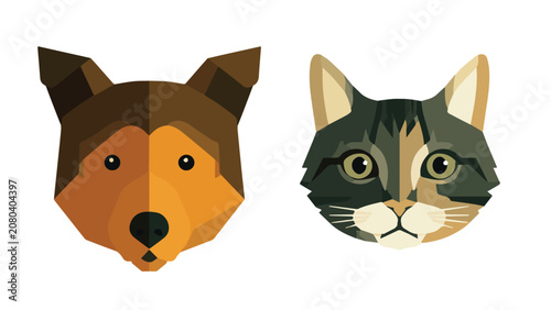 Digital illustration of a dog and a cat headshot with geometric shapes and earthy tones for pet related content