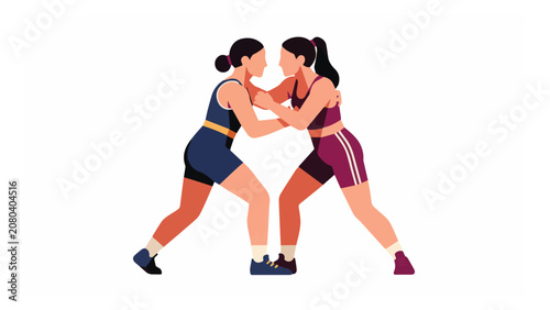 Two women wrestling in sportswear engaged in a friendly match on a white background