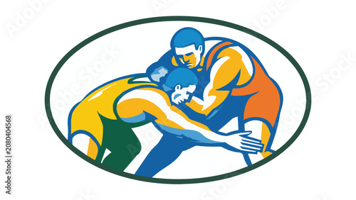 Two wrestlers in colorful singlets in dynamic match action representing sports competition and physical strength