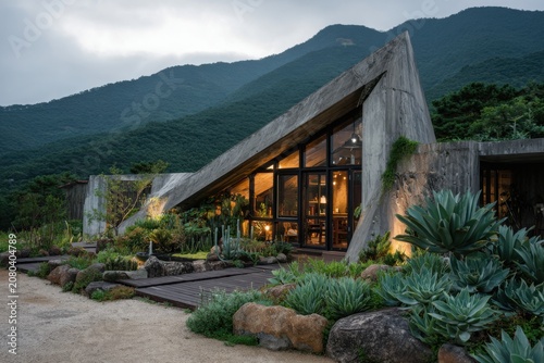 A contemporary building rises majestically against a stunning mountain backdrop, adorned with a beautiful garden in front, all illuminated by the soft hues of dusk