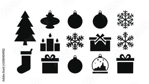 Festive holiday decorations including Christmas tree ornaments presents and snowflakes in vibrant colors and traditional shapes for seasonal celebrations