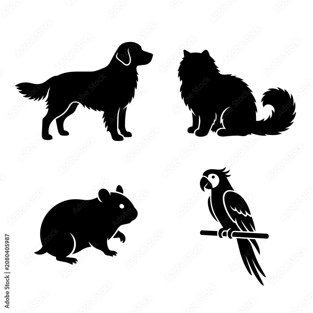 Obraz premium Pet animal silhouettes set dog cat hamster parrot black icons