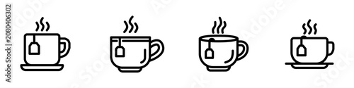 Minimal flat line tea icon featuring a modern teacup with tea bag and steam using clean rounded monoline strokes. Ideal for beverage apps, menus, branding, websites, UI, and vector projects.