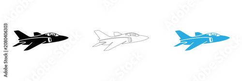 Fotografie Fighter jet silhouettes and line art set black outline and teal color variations