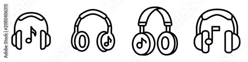 Premium flat line music icon featuring modern headphones with an integrated musical note, designed using clean rounded monoline strokes and balanced geometry for UI, apps, branding, and vector graphic
