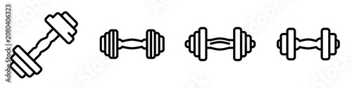 Premium flat line exercise icon featuring a modern dumbbell with rounded monoline strokes and geometric balance. Perfect for fitness apps, gyms, health platforms, websites, and branding.