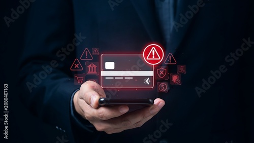 Man hands holding smartphone with credit card and warning signs for fraud or security breach.
