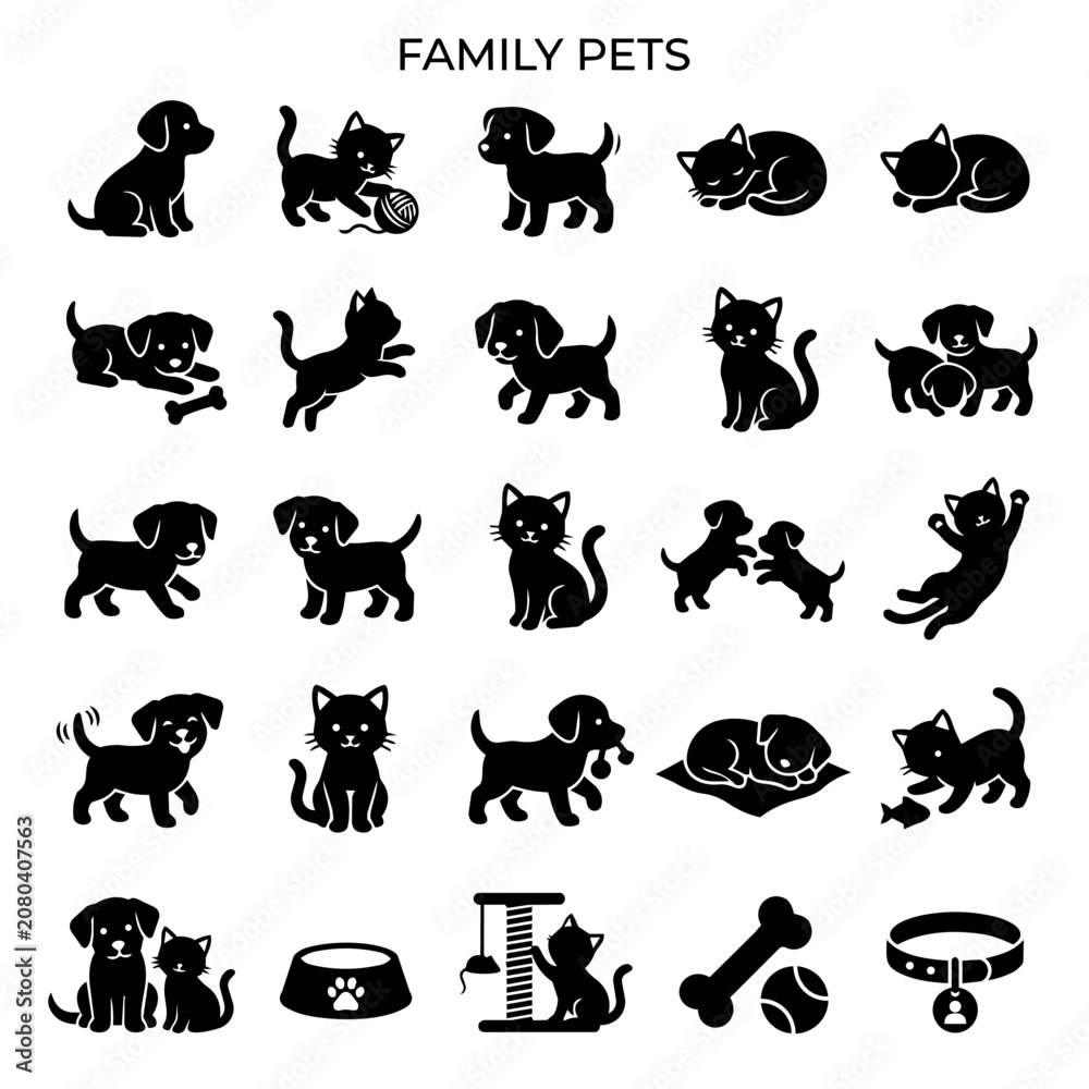 Fototapeta premium Cute dog and cat pet animal silhouettes collection