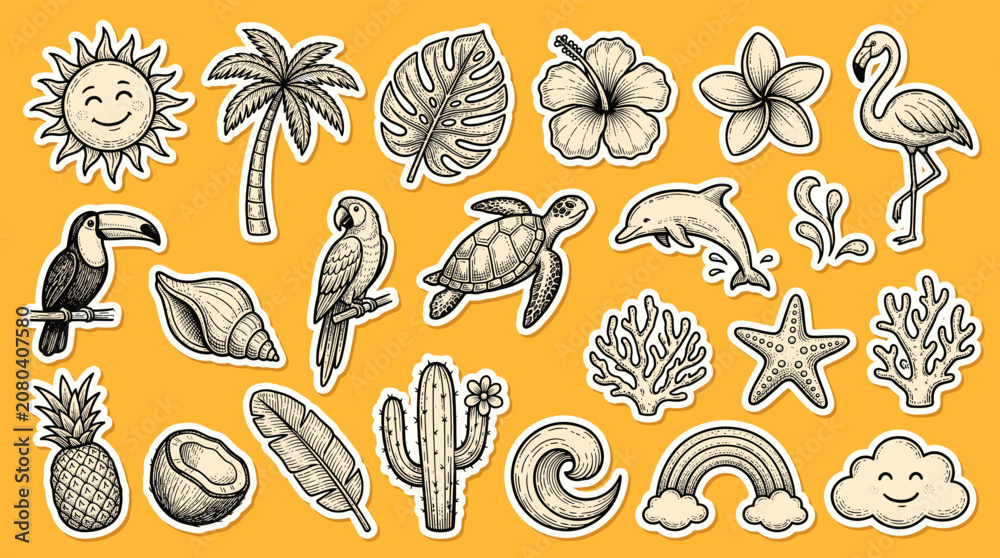 Fototapeta premium A vibrant illustration of various tropical icons including a smiling sun, palm trees, hibiscus flowers, flamingos, turtles, and other beach and wildlife elements on an orange background.