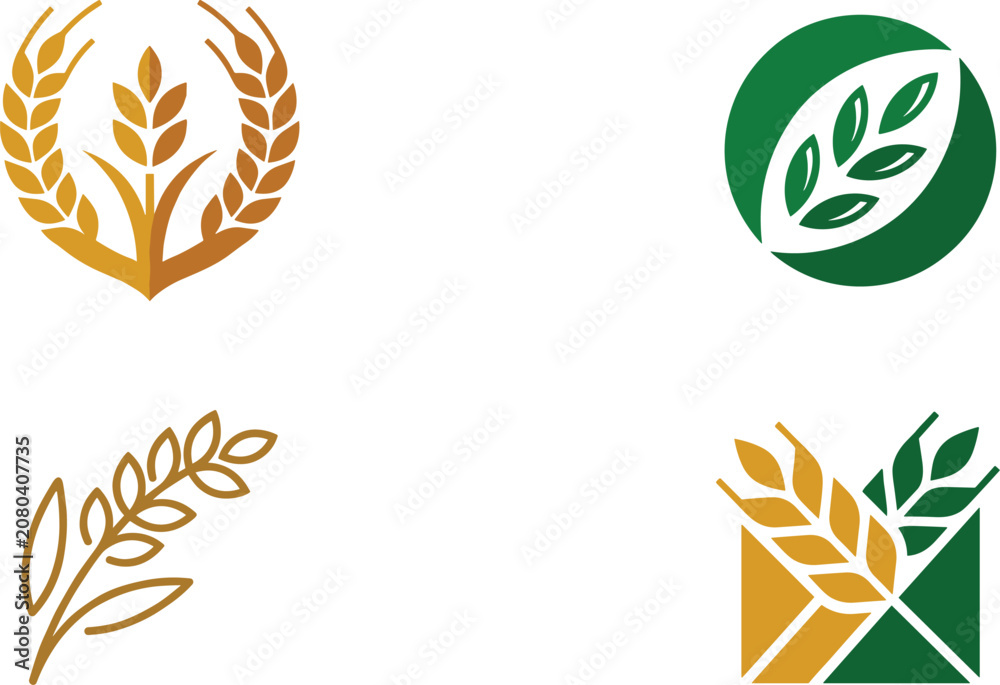 Fototapeta premium Modern wheat agriculture logo collection featuring grain ear icons for organic farming food branding and eco business identity