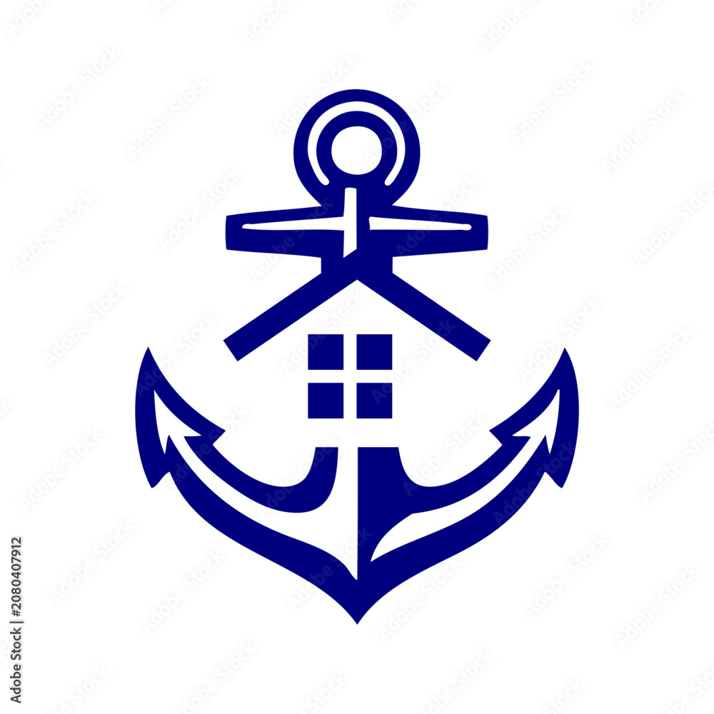 Naklejka premium Logo Nautical. Símbolo de embarcadero. Dibujo sencillo de un ancla de barco con el tejado y ventanas de una construcción 
