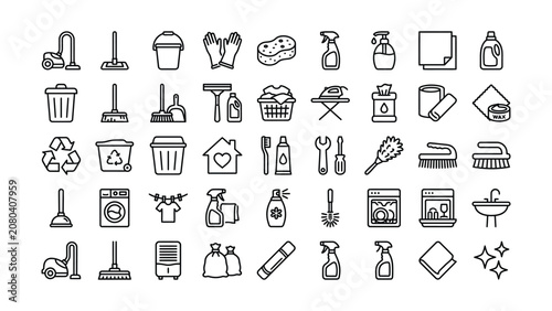 Photos Comprehensive set of household cleaning and hygiene outline icons for home maint