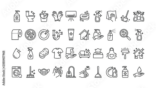 Bilde på lerret Comprehensive hygiene cleaning and sanitization line icon set for household heal
