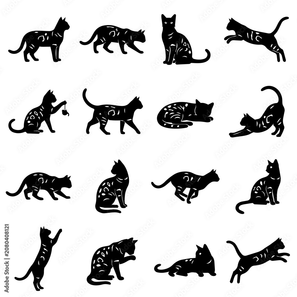 Obraz premium Black cat silhouettes in various poses vector illustration