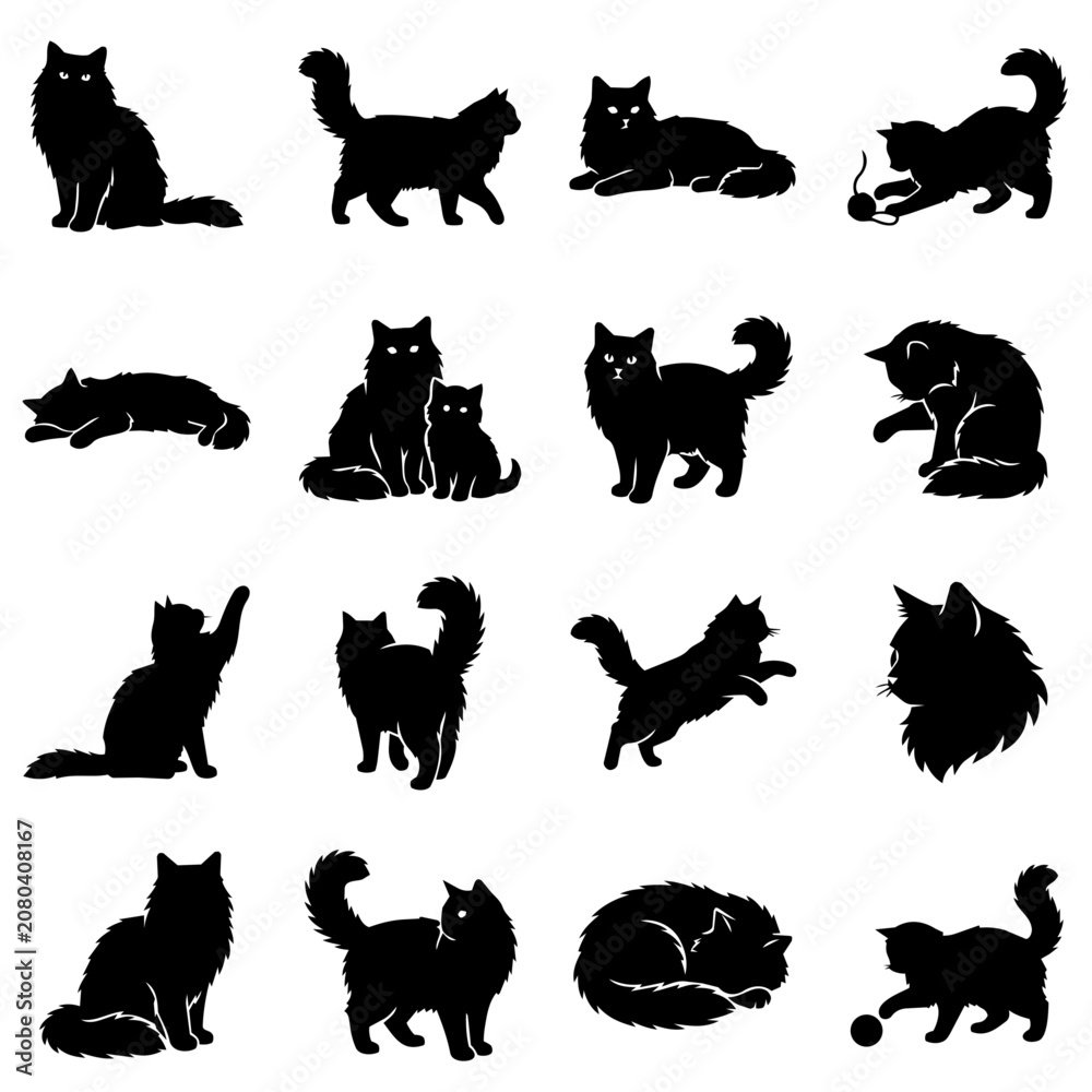Fototapeta premium Black cat silhouettes collection different poses