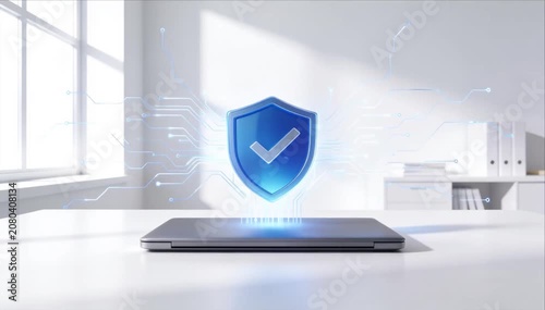 Cybersecurity awareness shield checkmark secure protection security laptop computer device concept digital network data privacy modern office bright light minimal design 3d illustration confident