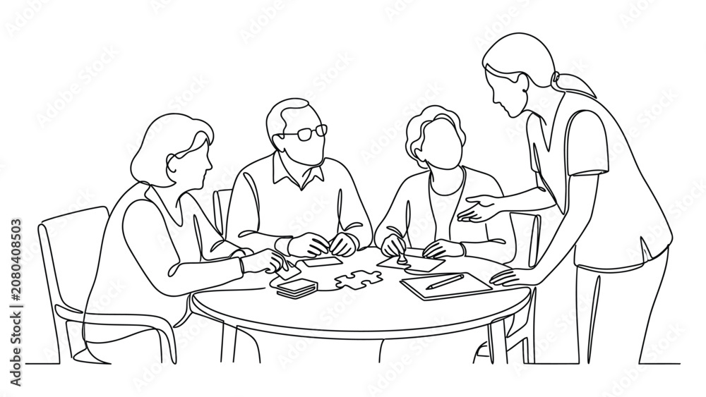 Fototapeta premium Continuous line drawing of a caregiver assisting seniors with a puzzle