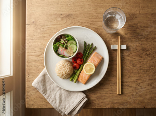 A perfectly prepared one person meal for a solo diner on a minimalist table top view