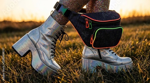 Holographic silver platform boots and neon fanny pack in grassy field at sunset.