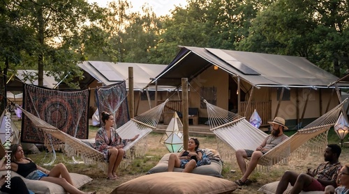 People relaxing in hammocks outdoors.