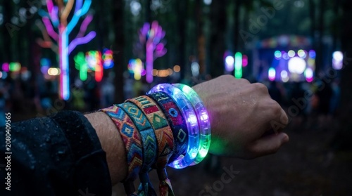 Person wearing colorful festival wristbands and glowing LED bracelet.