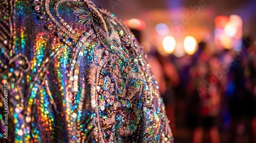 Sparkling sequin and beaded costume texture in a festive nightclub atmosphere.