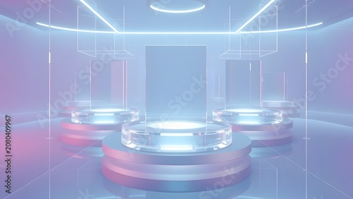 Futuristic Neon Lit Stage with Glass Podiums and Abstract Lighting.