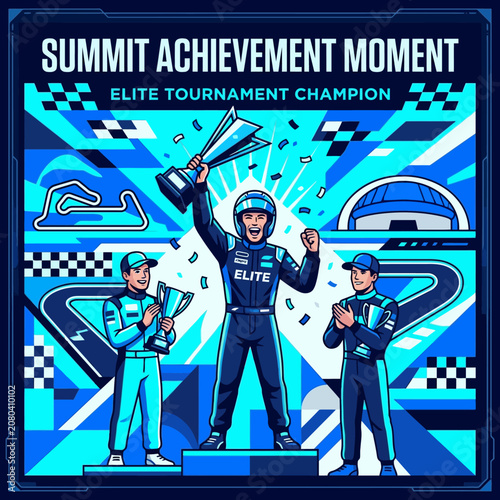 Elite Racing Champion Celebrated with Trophy and Confetti