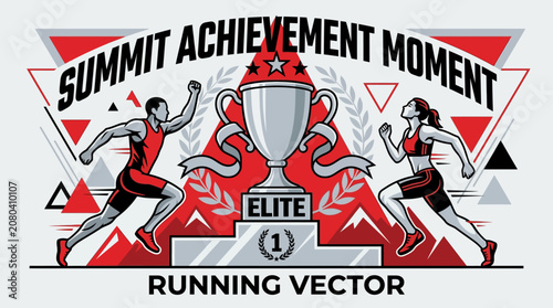Elite Runners Celebrate Victory At The Summit Achievement Moment With A Trophy