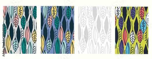 Vertical background Seamless geometric patterns set with hand drawn uneven ring, checkered, striped, lines, flowers for surface design, craft, apparel and other design projects