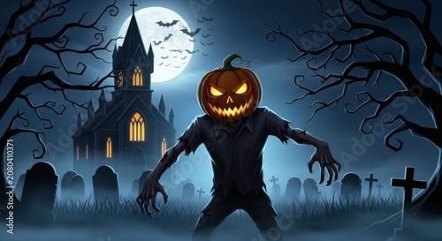 Enigmatic pumpkin-headed phantom standing guard in a spooky graveyard scene