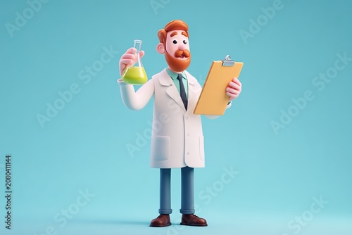 Cartoon male scientist in a white coat holding a lab flask