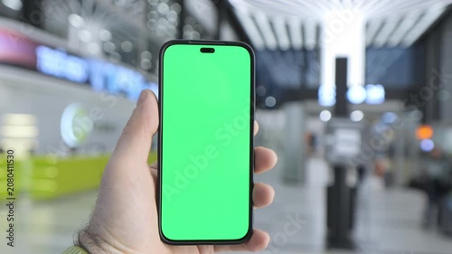 Hand holds phone with green screen. Background shows blurred airport terminal. Three keyframes show same scene. Phone center focus in all frames. Hand steady in each shot