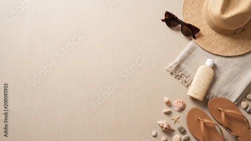 Minimal flat lay featuring carefully arranged summer essentials with generous copy space. Perfect for vacation advertising, travel campaigns, seasonal branding, lifestyle websites, and promotional.
