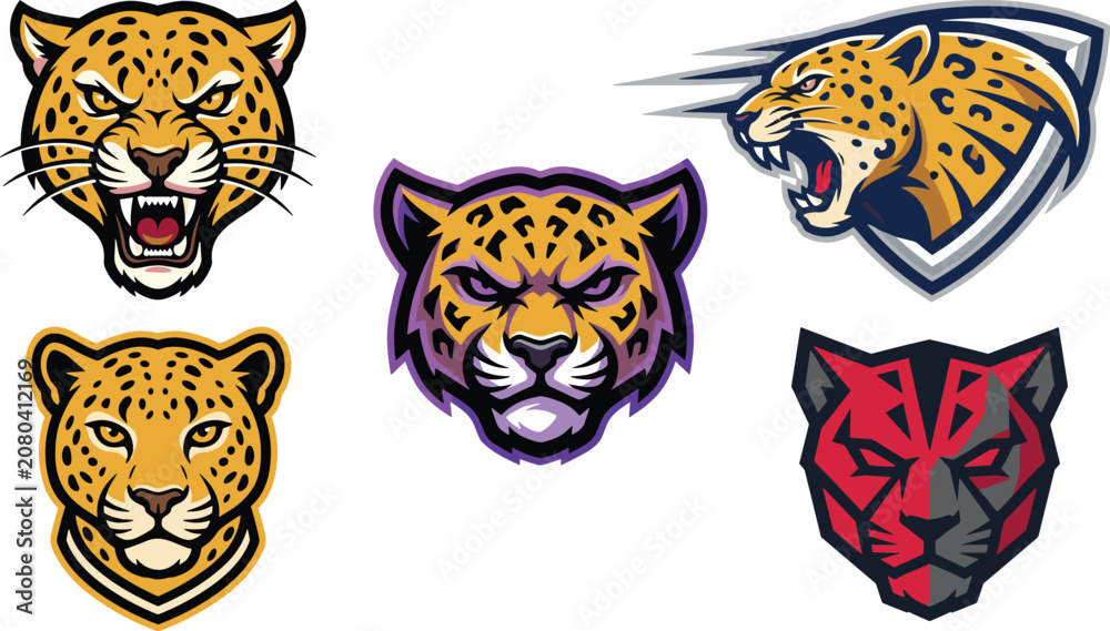 Obraz premium Leopard Mascot Logo Collection Featuring Fierce Big Cat Head Emblems with Shield Esports Badge and Geometric Predator Vector Design Set