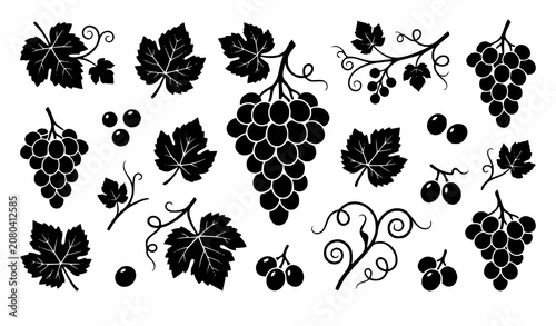 Tablou pe pânză Fresh Grape Bunches and Vineyard Vine Solid Silhouette Vector Icon Set Featuring