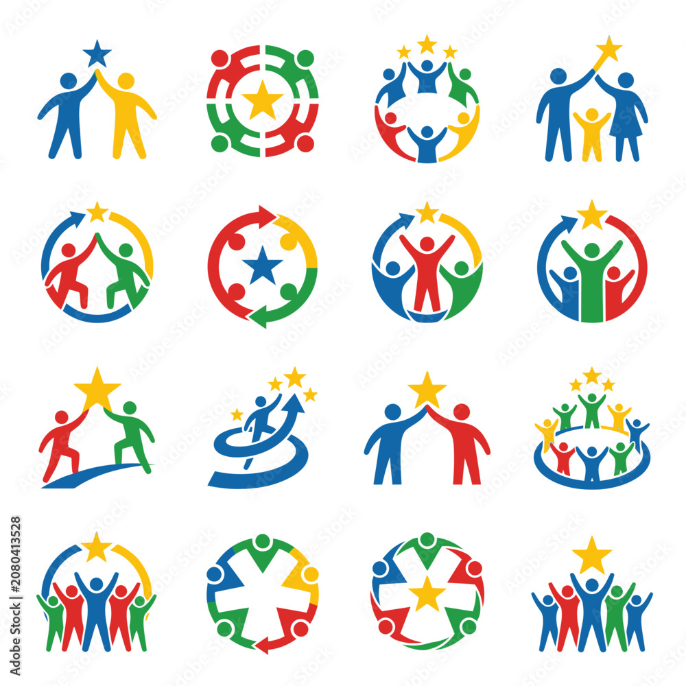 Fototapeta premium Collection of colorful community and team achievement logo icons.