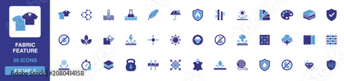 Foto Fabric Feature icon set showcasing textile attributes, garment qualities, clothing material specifications and eco friendly wear glyph designs for fashion tags