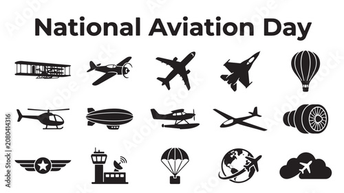 National Aviation Day, aviation icons, aircraft symbols, flight illustrations, vector graphics