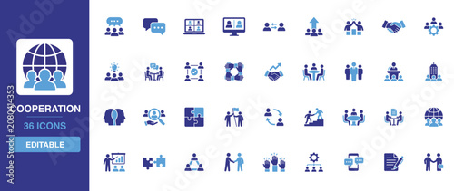 Cuadro en lienzo Cooperation icon set presenting collaborative teamwork, business partnership, joint venture, corporate alliance and collective effort glyph designs for presentation decks