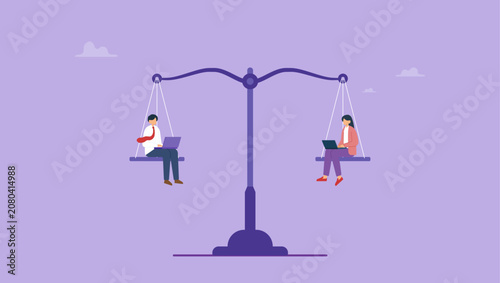 Businessman and businesswoman colleagues on balance equal scales. Gender equality, workplace fairness, justice or law, diversity corporate employee, comparison or balance scales, equilibrium concept.