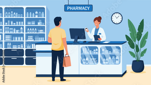 Fotografie A man interacts with a female pharmacist at a pharmacy counter indoors