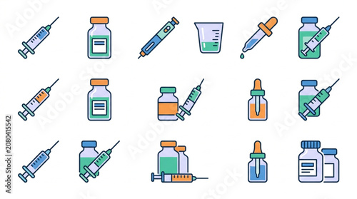 фотографія Medical Syringes Vials Droppers and Beaker Icons Set.